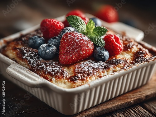 Delicious golden-brown baked dessert with fresh berries mint leaves powdered sugar in a ceramic dish