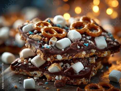 Delicious homemade chocolate bars with mini hmallows pretzels and colorful sprinkles on a wooden table with bokeh background