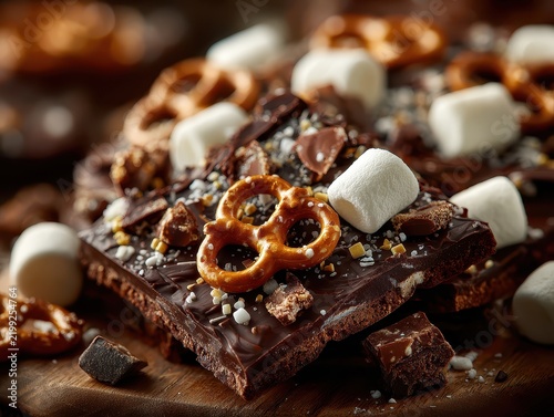 Rich chocolate dessert with pretzels hmallows and chocolate shavings close-up healthy snack