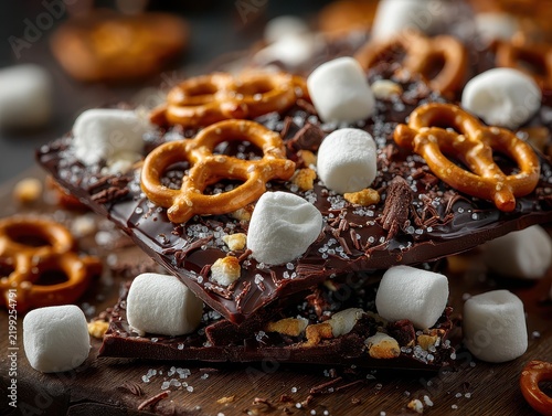 Close-up of chocolate bark topped with pretzels hmallows and crushed nuts on wooden surface
