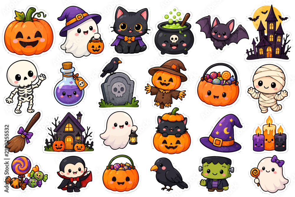 Obraz premium Cute Halloween stickers collection featuring spooky cartoon characters like ghosts witches pumpkins and monsters for festive scrapbooking design.