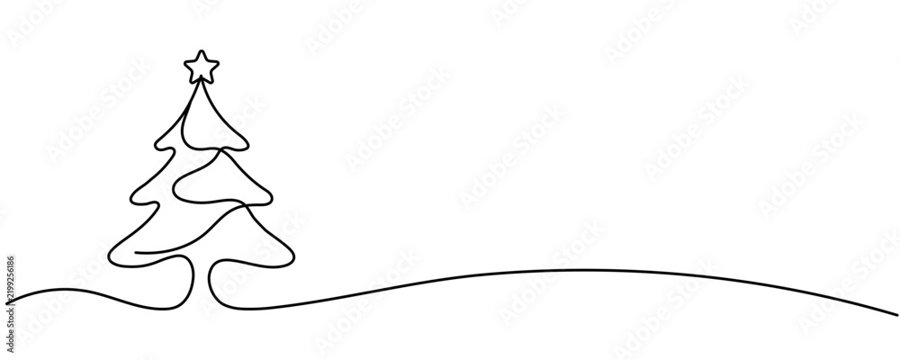 Obraz premium Minimalist Christmas tree continuous line art drawing with a star topper isolated on a white background. Editable stroke