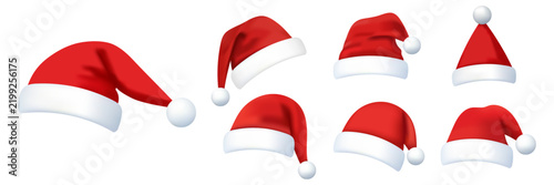 Set of realistic red Santa Claus hats with white fur trim and pompons in various angles isolated on a white background.