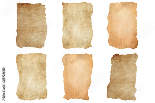 Worn vintage paper textures with torn edges and antique grunge surface. Old parchment sheets with rough borders for retro design. Aged paper backgrounds with shabby beige and brown tones for scrapbook