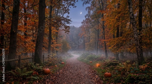 Misty Autumn Forest Path with Halloween Pumpkins at Dusk