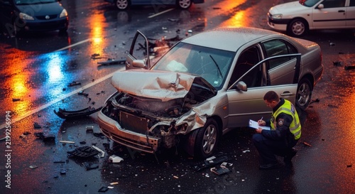 Damage scene review: police report, traffic incident, vehicle collision, insurance claim, Europrotocol form, roadway event, crash consequence.
