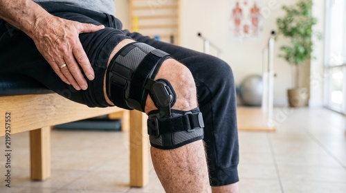 Senior man wearing a medical knee brace during physical therapy session in a clinic.