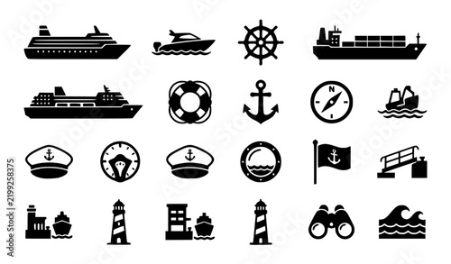 Cruise Ship Filled Icons Set, Boat Helm Cargo Ship Lifebuoy Vector