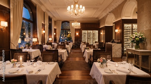 Elegant and luxurious restaurant interior with white tablecloths and warm ambient lighting.
