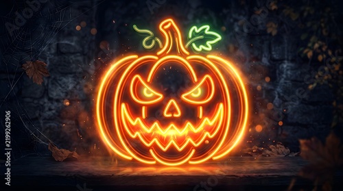 Glowing Neon Halloween Pumpkin with Spooky Jack O Lantern Face – Halloween Celebration, Horror and Festive Night Concept