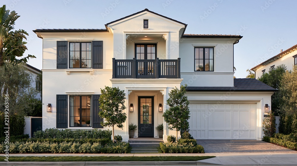 Fototapeta premium Modern luxury two story residential home exterior with white walls and balco