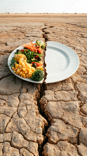 Broken plate on cracked desert ground for global food hunger crisis background