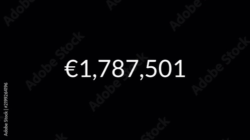 euro currency number counter animation from zero to five million on black background, 5,000,000 euro money number counter animation in 4k.
