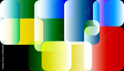Abstract digital background featuring overlapping colorful rounded rectangles creating a vibrant mosaic pattern with transparency effects on a deep black solid background surface