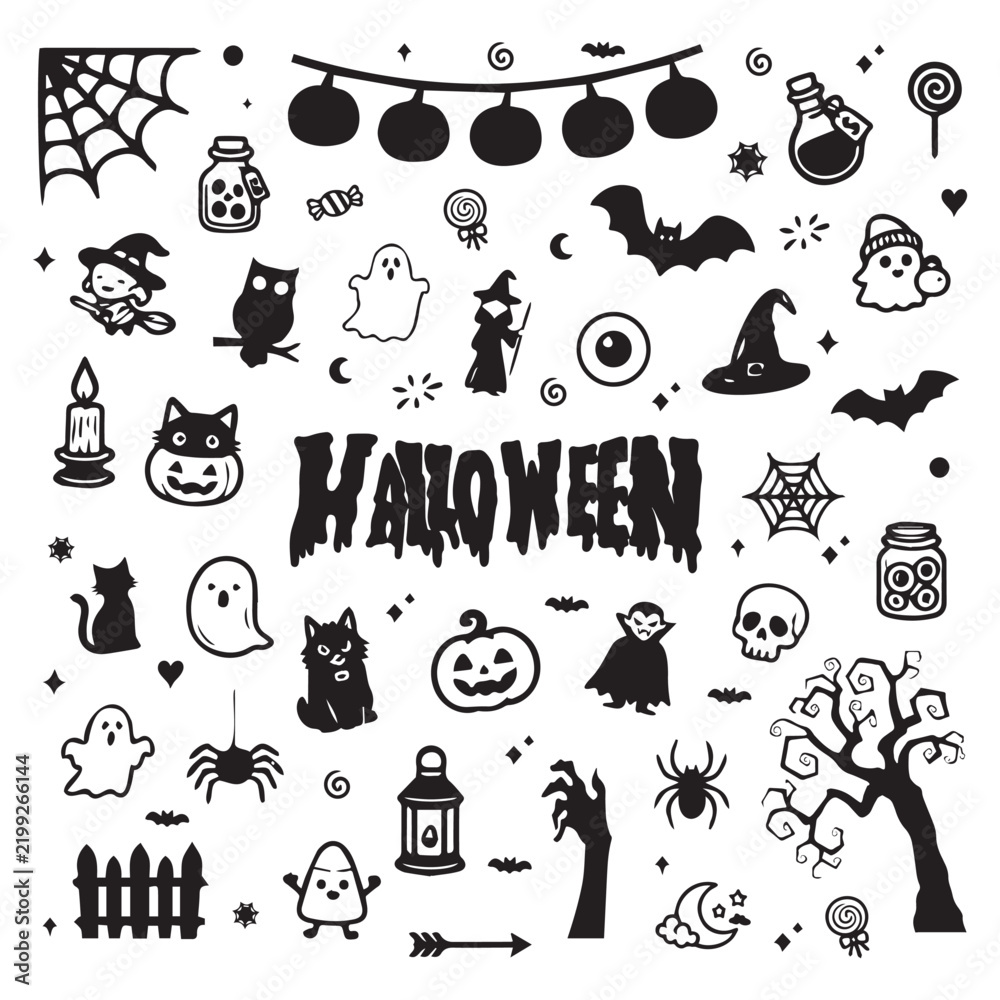 Obraz premium Happy Halloween doodle vector icons set with ghosts pumpkins and spider web border isolated on white background