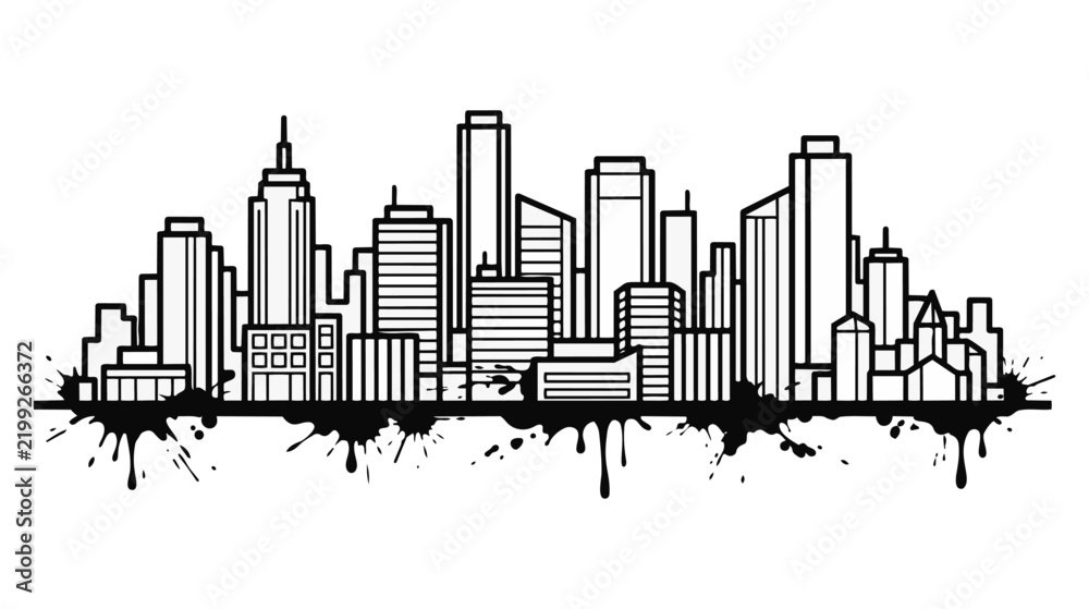 Obraz premium Black Ink City Skyline Silhouette in Architectural CAD Vector Style