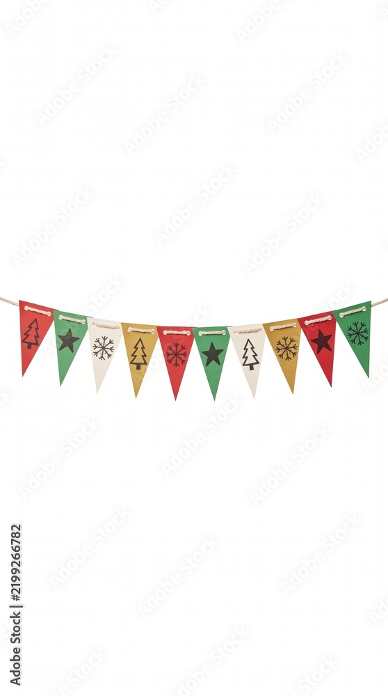 Obraz premium Paper pennant bunting garland with festive holiday patterns on white background. This colorful hanging decoration features printed Christmas trees and snowflakes for parties.