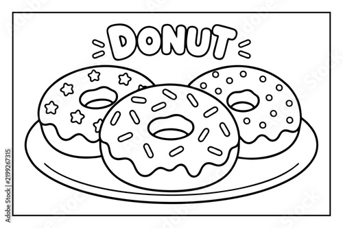 Donut coloring page for children featuring three delicious glazed pastries served on a simple round plate