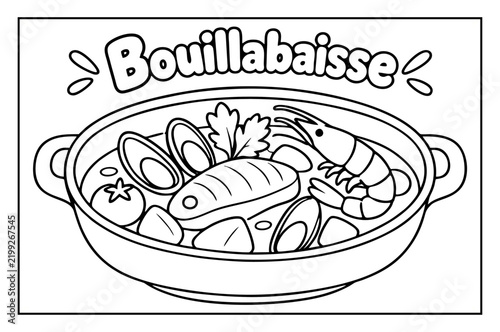 Bouillabaisse seafood soup outline drawing for kids coloring page featuring fresh shrimp mussels and fish