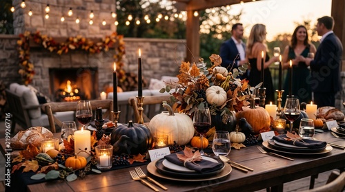 Cozy Outdoor Autumn Dinner Party With Pumpkin Centerpiece, Candles and Friends Celebrating at Dusk