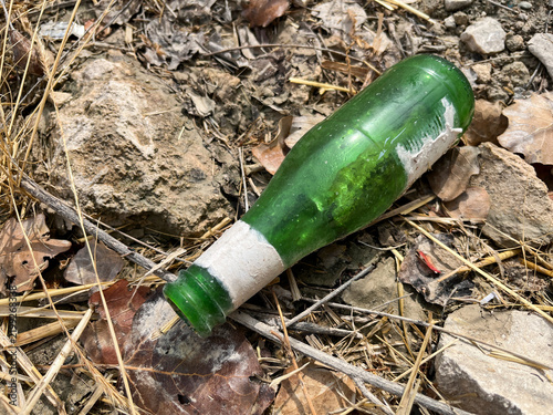 Canvastavla Green glass bottle lying on dry ground, representing litter and waste contaminat