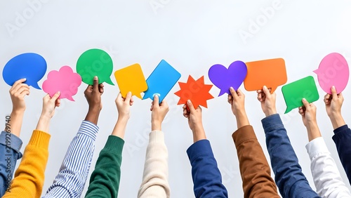 Diverse group of people holding up colorful blank speech bubbles isolated on white representing feedback and social communication