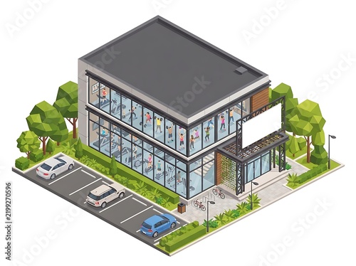 Isometric Modern Gym Building Exterior with Members Visible Through Windows – Fitness Centre