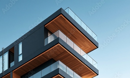 Modern architecture building exterior with balconies against blue sky