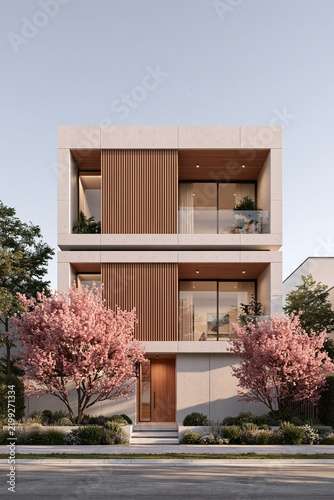 Modern minimalist house facade with blooming cherry blossom trees outside