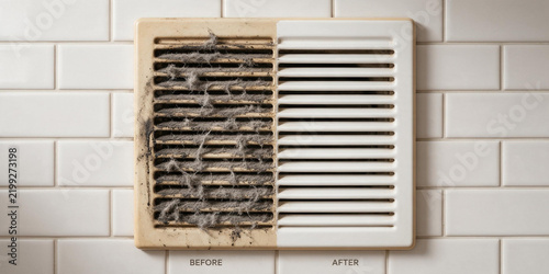 Before and after comparison of a dirty and clean air vent cover. Half dusty and clogged ventilation grate next to a freshly cleaned white filter on a subway tile wall. Home maintenance concept