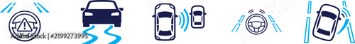 Automotive safety system icon set featuring blind spot, lane warning, driving assist, seat belts, and stability control.