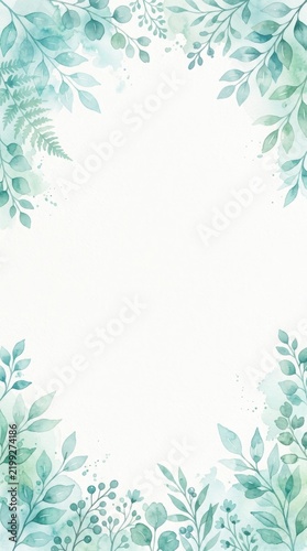 Watercolor green botanical leaves and foliage border frame on a white paper background with watercolor botanical background