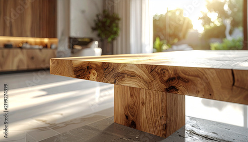 Warm Oak Table in Modern Home: A beautifully crafted oak table with a unique, natural grain stands as the centerpiece in a sun-drenched modern living space, highlighting warmth and natural beauty.