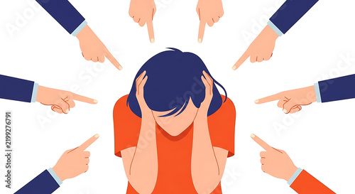 Pointing Finger Blame Judgment Vector Illustration of a Distressed Woman Holding Her Head as Multiple Hands Point Fingers at Her in a
