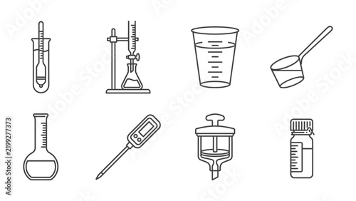 Bild auf Leinwand Laboratory Equipment Icons: A collection of line art icons representing various laboratory instruments, including beakers, test tubes, flasks, and droppers, for scientific and educational purposes