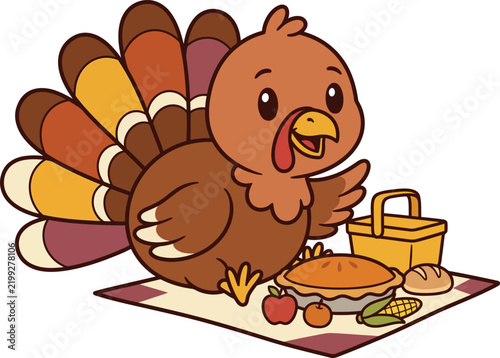Cute cartoon turkey having a picnic during the thanksgiving day celebration with festive food and basket