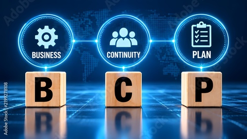 Wooden blocks spelling BCP Business Continuity Plan with futuristic glowing digital hologram icons representing risk management and corporate strategy