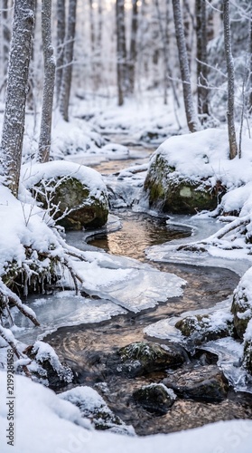 Frozen Creek and Mossy Rocks in Winter