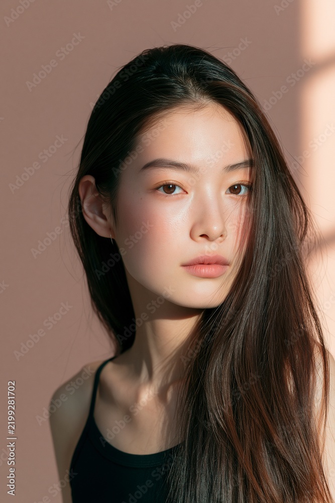 Fototapeta premium Beautiful young Asian woman model with natural skincare and long dark hair