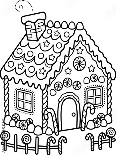Cute gingerbread house with candies Christmas coloring page