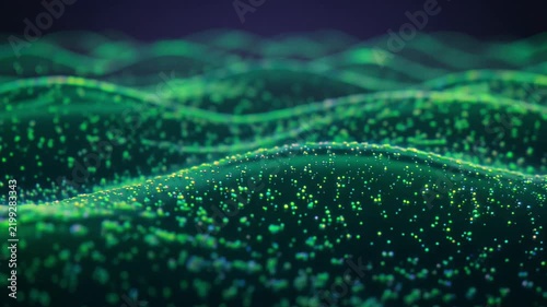 Glowing green particle wave animation moving across a dark abstract digital landscape in motion video footage