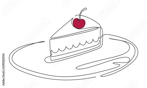 Continuous line drawing of a slice of cheesecake with a cherry on top