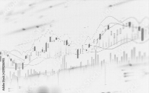 Abstract halftone dot pattern background with monochrome texture and financial chart elements
