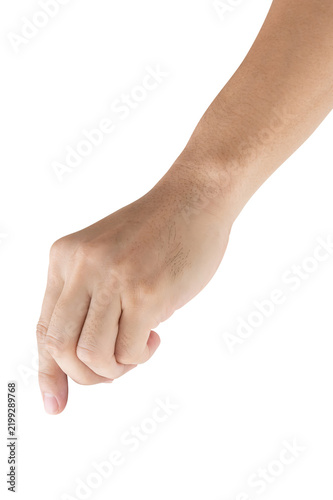 Male hand touching or pointing to something isolated on white background with a clipping path.