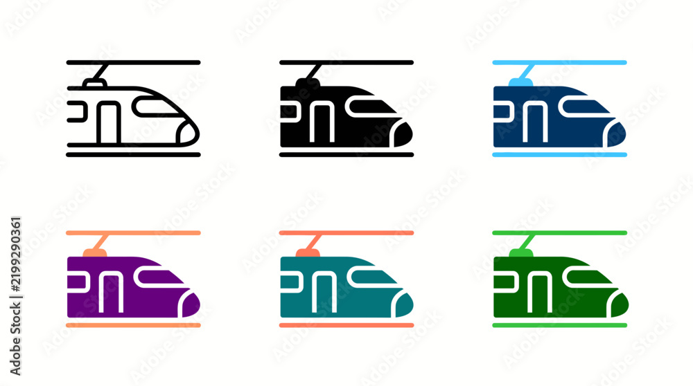 Obraz premium Modern train vector icon set featuring high-speed railway transport symbols in multiple color variations