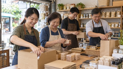 Multigenerational Asian Family Collaborating in a Small Neighborhood Business; Parents and Adult Children Organizing Products, Preparing Customer Orders in a Warm Atmosphere with Natural Lighting