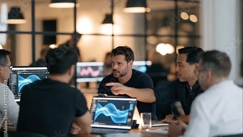 A blockchain developer team fills a minimalist studio workspace, multiple screens displaying abstract liquid flow data visualizations while the crowd of engineers debates