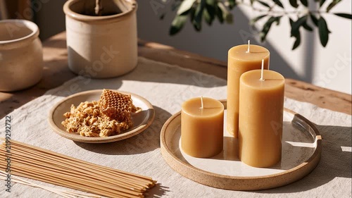 A candle making workshop in a minimalist studio showing the before state of raw beeswax and wicks beside the after state of finished quality pillar candles, both arranged in a
