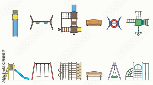 playground equipment architectural plan with top view and elevation view for landscape design and park construction