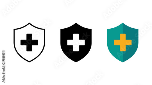 Set of medical shield icons featuring cross symbol in outline glyph and colorful flat styles protection hospital